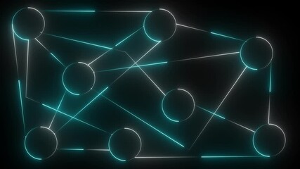 Animation of network of connections and circle  icons interacting over cityscape with clouds on black background. 4k video. Global networks, business, finances, computing and data proc......