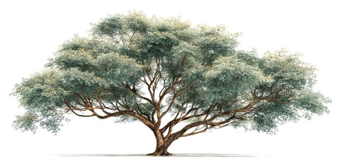 Large, mature tree with a broad canopy of light green foliage against a plain white background