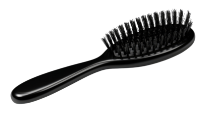 Black hairbrush grooming tool plastic bristle comb beauty accessory hair care styling salon hygiene object fashion isolated on white background
