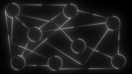 Animation of network of connections and circle  icons interacting over cityscape with clouds on black background. 4k video. Global networks, business, finances, computing and data proc......