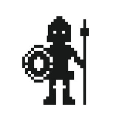 Pixelated gladiator silhouette holds shield and spear standing with a white background