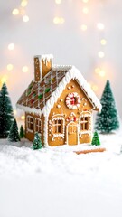Festive gingerbread house in snowy scene