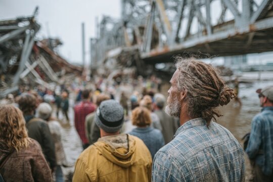 Man with dreadlocks standing in a crowd, looking towards an industrial bridge wreckage