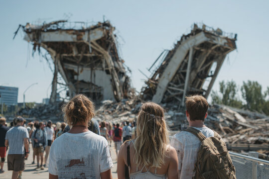 People in crowd observing collapsed bridge structure after controlled demolition