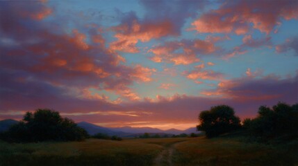 Beautiful sunset over rolling hills and vibrant sky filled with clouds at dusk