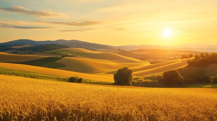 Fototapeta premium Experience the serene beauty of rolling countryside hills adorned with golden wheat fields, illuminated by the warm hues of sunset.