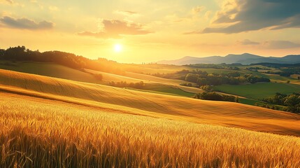 Fototapeta premium Experience the serene beauty of rolling countryside hills adorned with golden wheat fields, illuminated by the warm glow of sunset.