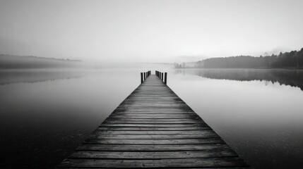 Naklejka premium A tranquil grayscale view of a wooden pier extending into a misty lake