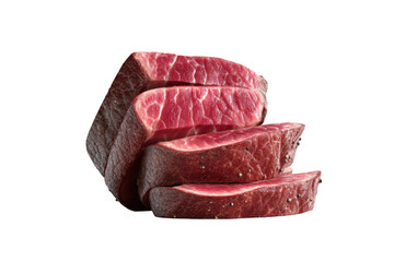 Raw fresh beef slices on black background showing marbling and texture, cut out