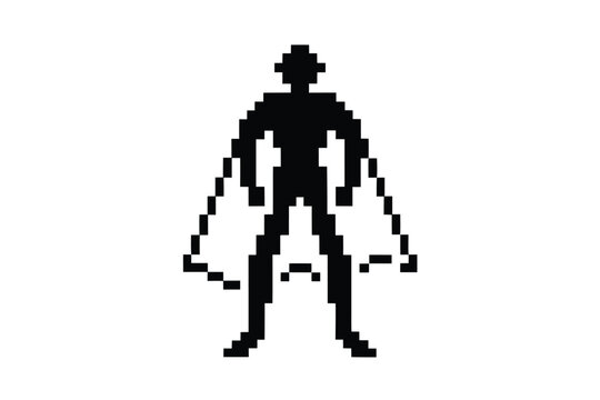Fototapeta Pixelated hero wearing cape stands powerfully against white background in simple black silhouette
