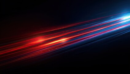 Abstract diagonal lines of red and blue light streaks against a dark background