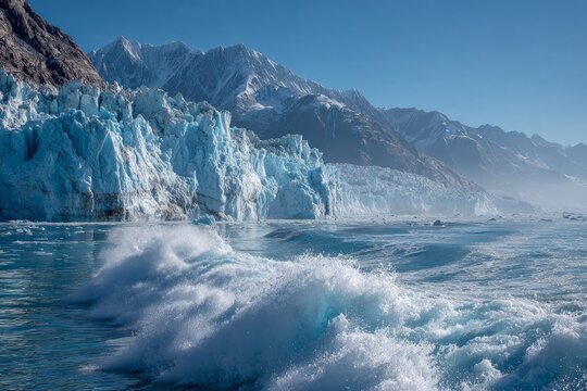Dynamic breaking waves in a glacial bay with towering ice and snow-capped mountains