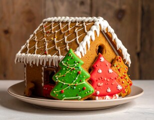 Festive gingerbread house with Christmas trees