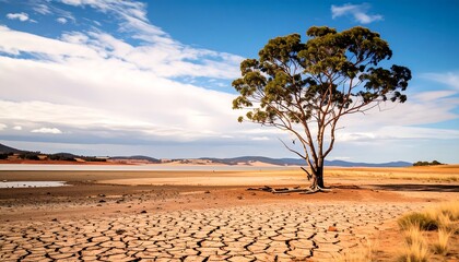 A lone tree stands sentinel over a cracked, parched landscape