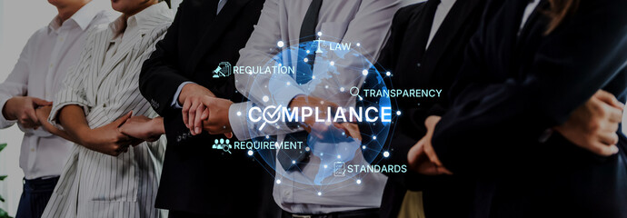 A group of professionals stands together, symbolizing teamwork and unity in addressing compliance, regulations, and transparency within a dynamic business landscape. Trope © InfiniteFlow