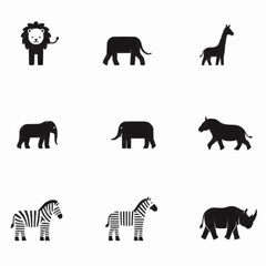 Adorable African animals icons featuring zebra, lion, elephant, rhino, giraffe for kids projects