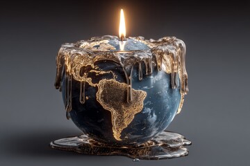 Earth globe candle melting, symbolizing global warming and environmental fragility