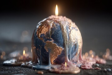 Earth globe candle melting, symbolizing global warming and increasing environmental temperatures