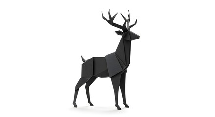 Geometric Black Origami Deer Sculpture on White Background