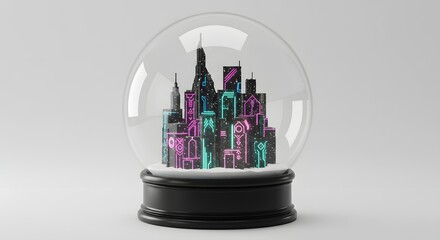 Futuristic Neon Cityscape Inside a Transparent Snow Globe with a Black Base