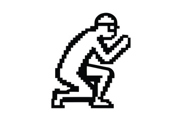 Pixelated man in glasses kneels with hands together in a plea symbol style