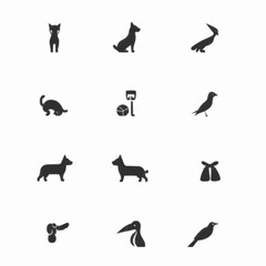 Charming animal silhouette icons showcasing cats, dogs, birds, and playful pet toys in a modern style