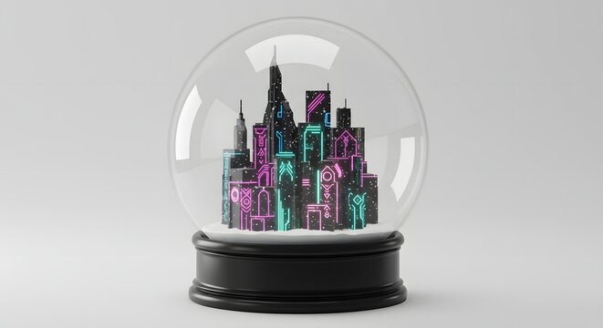 Futuristic Neon Cityscape Inside a Transparent Snow Globe with a Black Base - Powered by Adobe
