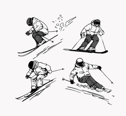 Skiers set, hand drawn sketch, monochrome vector illustration