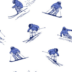Skiers set, hand drawn sketch, monochrome vector illustration