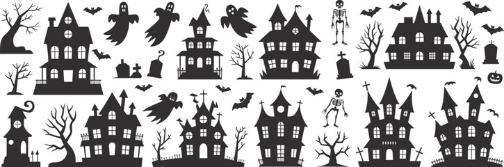 Halloween silhouette vector illustration set, haunted houses, ghosts, bats, skeletons, and creepy trees. Great for holiday design resources