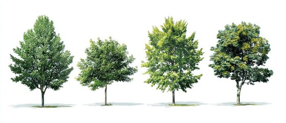 Four diverse trees, various shades of green, isolated on white background