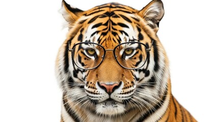 Fototapeta premium tiger wearing glasses, spectacles eyewear, on a solid white background