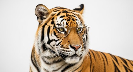 Fototapeta premium tiger wearing glasses, spectacles eyewear, on a solid white background
