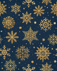 Seamless pattern of golden snowflakes on dark navy background, elegant and festive, perfect for luxury packaging, no text