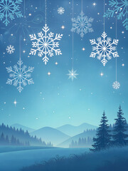Blue gradient background with glowing snowflakes falling gently, soft light and dreamy atmosphere, copy space, no text