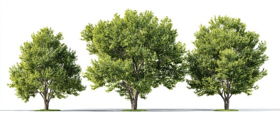 Three medium-sized deciduous trees in a horizontal row against a white background. Lush green foliage