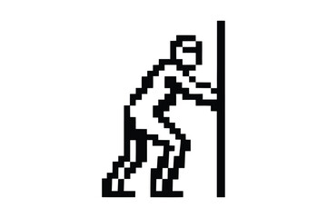 Obraz premium Pixelated man presses his hands against a vertical pole, in black and white
