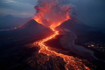 Fototapeta premium Volcano erupting during night, molten lava flowing from crater, ash cloud discharging to sky