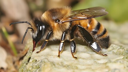 Closeup of a fuzzy bee on a rock surface