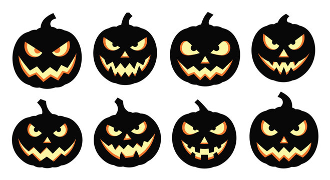 Eight spooky carved jack o lanterns on a white background.