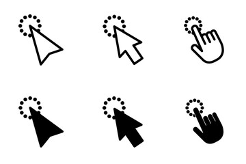 Cursor arrow and hand icons with dotted loading circles, representing computer processing, waiting states, and online interaction