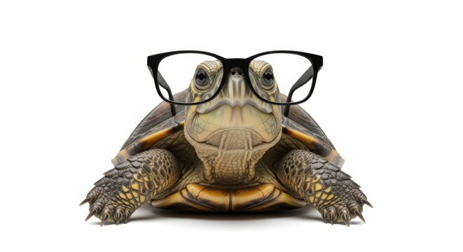 turtle wearing glasses, spectacles eyewear, on a solid white background
