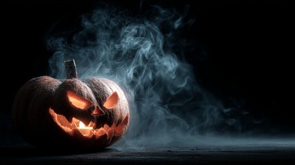 Close-up of spooky carved pumpkin with candle inside, misty smoke swirling around, dramatic lighting, isolated on black background
