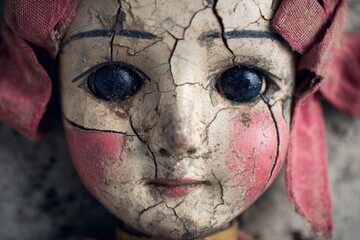 Old cracked porcelain doll head featuring decaying paint and dark eyes