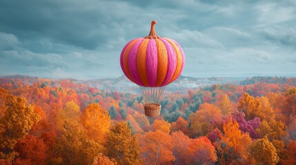 Surreal pumpkin shaped like a hot air balloon floating over an autumn forest, whimsical October fantasy, vibrant colors, no people
