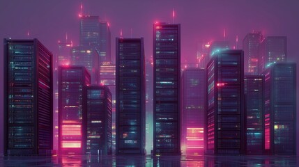 Surreal server racks glowing like futuristic skyscrapers in a digital cityscape, neon lights, cyberpunk aesthetic, no people