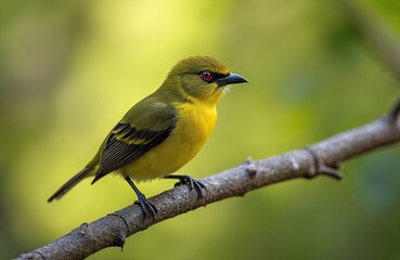 Obraz premium Vibrant yellow bird with red eyes, black beak sits on tree branch, blurred green foliage background. Wild Bellbird, native New Zealand bird, Anthornis melanura, beautiful avian creature in natural