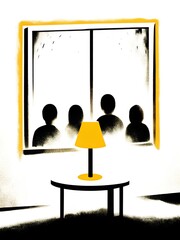 Silhouettes of children looking through a window into a cozy home  
