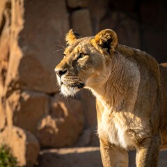 Lioness profile in sunlit enclosure