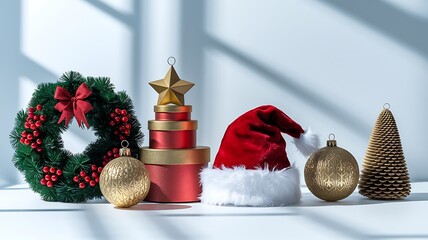 Festive christmas decorations including wreath santa hat and ornaments